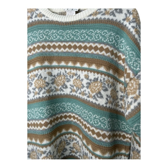 Vintage Fair Isle Pullover Sweater Beige Turquoise Womens Size L XL 80s 90s USA - Picture 3 of 8